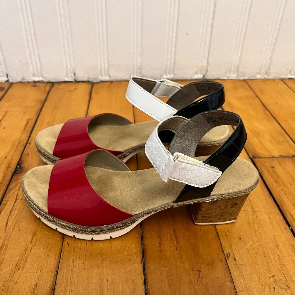 Rieker Red Sandals with Cork Block Heels and Velcro Closure, Size EU 37/US 6